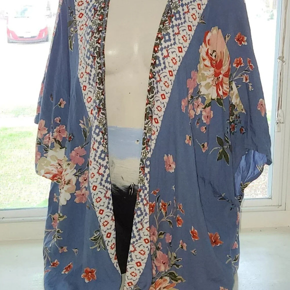 Angie Tops - Women's Angie Mixed Media Floral Cornflower Blue Open Front Kimono  Rayon Size S